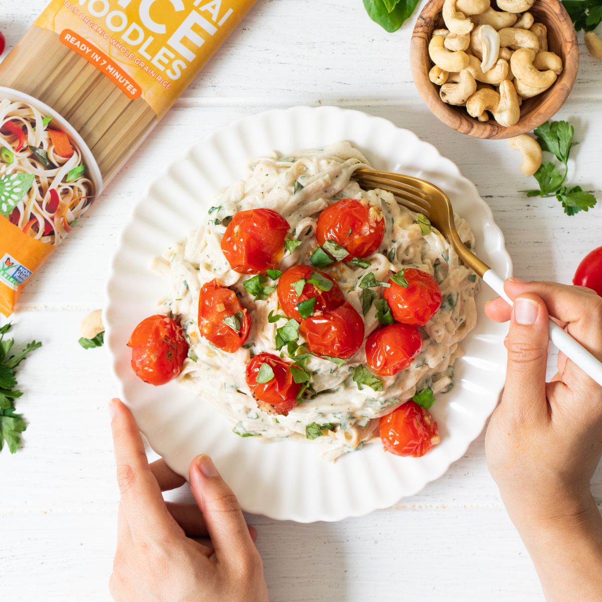 Creamy Garlic & Herb Pasta with Roasted Tomatoes – Lotus Foods