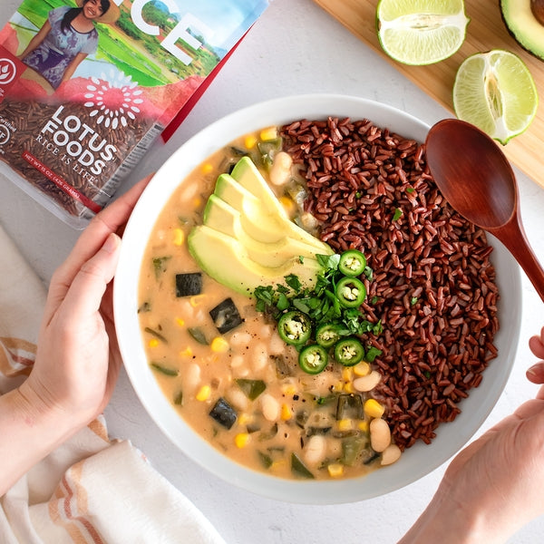 White Bean Chili Over Red Rice – Lotus Foods