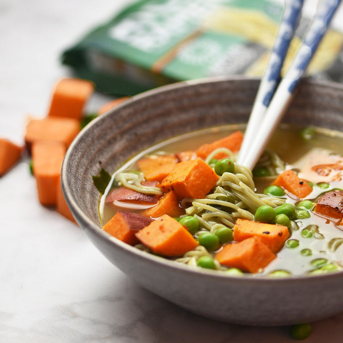 Ramen Soup with Roasted Sweet Potatoes & Peas