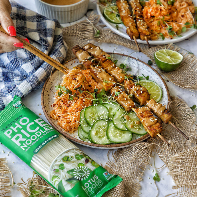 Peanut Tofu Skewers with Spicy Noodles