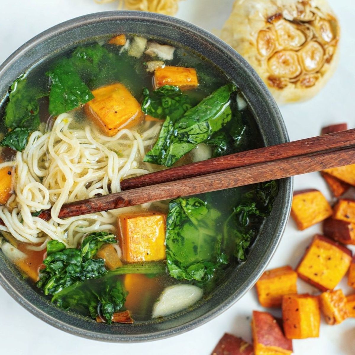 Garlicky Veggie Rice Ramen Noodle Soup with Freeze-Dried Chunky Veggies