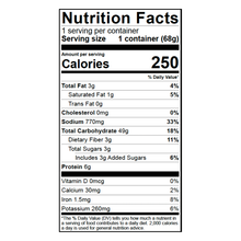 Load image into Gallery viewer, A standard white Nutrition Facts label with black text showing nutritional information per serving, including calories, fat, sodium, carbohydrate, and protein content.
