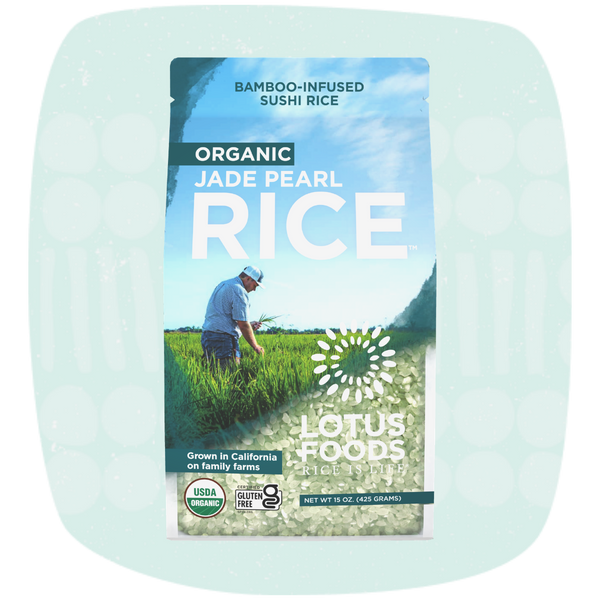 Package of Lotus Foods Organic Jade Pearl Rice with a farmer in a field on the label.