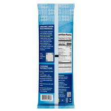 Load image into Gallery viewer, Back view of a blue package of organic udon rice noodles, showing nutrition facts, cooking instructions, ingredients, and a barcode on a white background.
