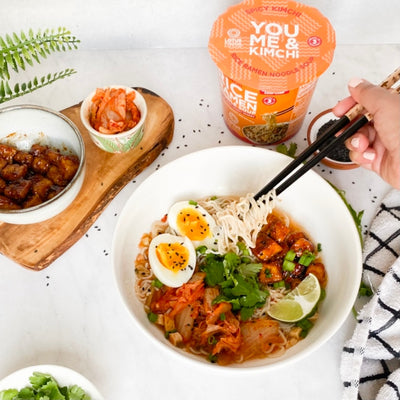 Spicy Kimchi Rice Ramen Noodle Soup with Freeze-Dried Chunky Veggies
